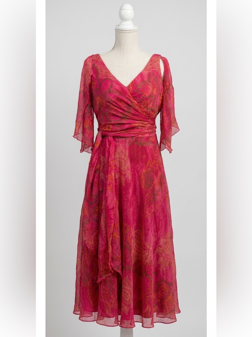 Rene Ruiz Paisley Silk-Feel Midi Dress Boned Bodice Fall Wedding Fuchsia 8/10 M